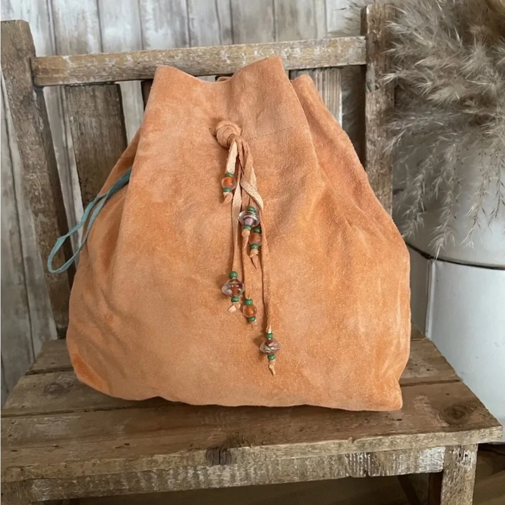 COPY - Genuine Suede Hand-crafted Drawstring Beaded Bag Peach NEW!